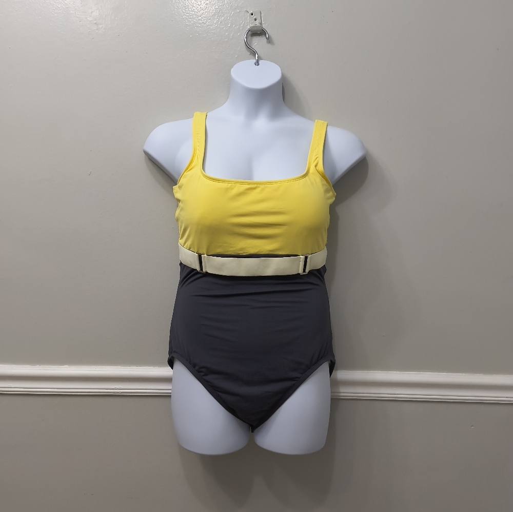 Anne Cole Signature Belted One Piece  Swimsuit Yellow Gray Sz 16 Vacation Pool